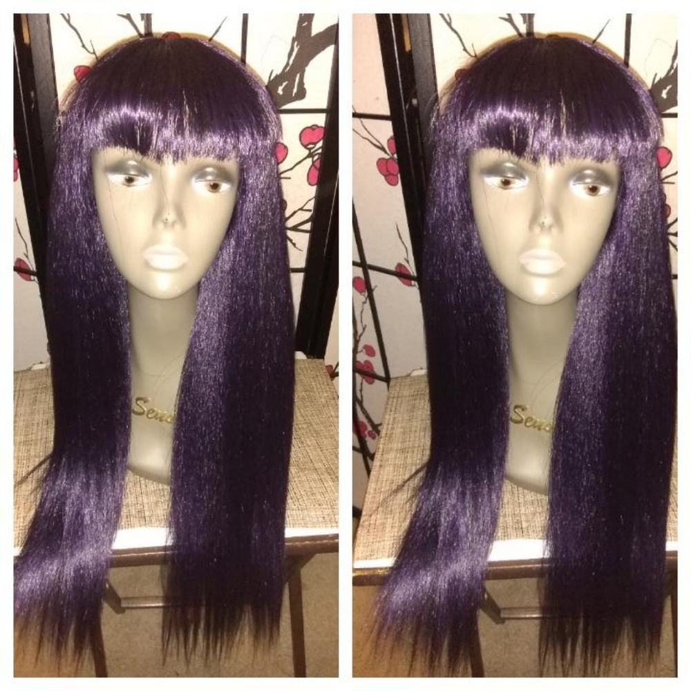 20" purple straight human blend hair wig